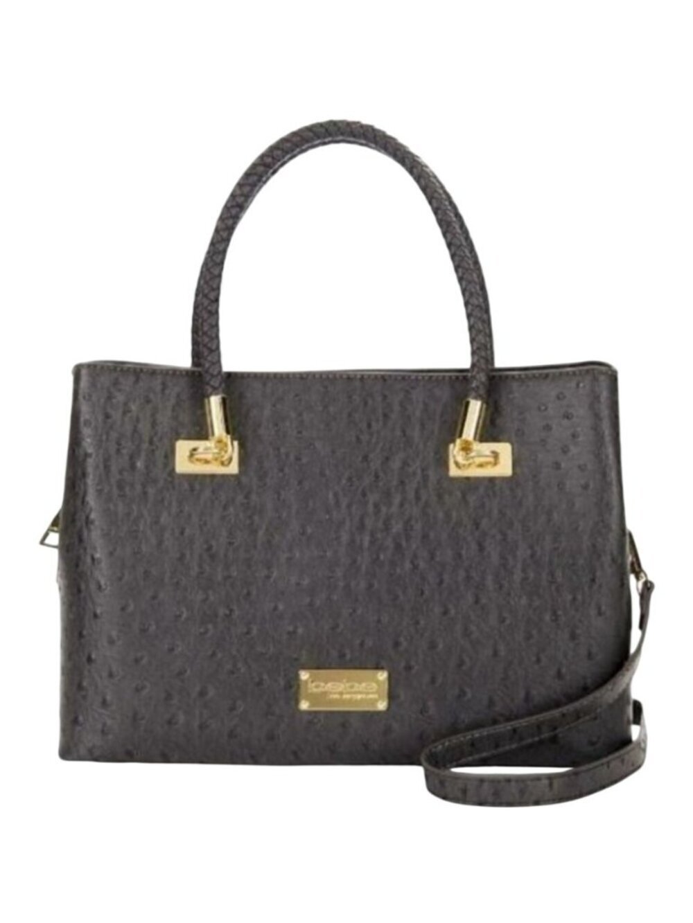 Bebe Jackie Ostrich Grey Satchel Bag Purse Braided Handles Crossbody Strap Gold